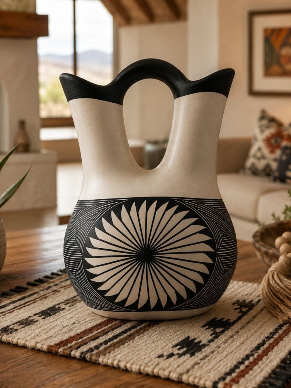 Vintage Acoma Pueblo Pottery signed N.V. Hand Painted Wedding Vessel Geometric